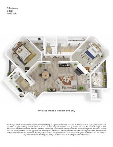 Floor plan for 2 beds, 2 baths, 1042 sqft